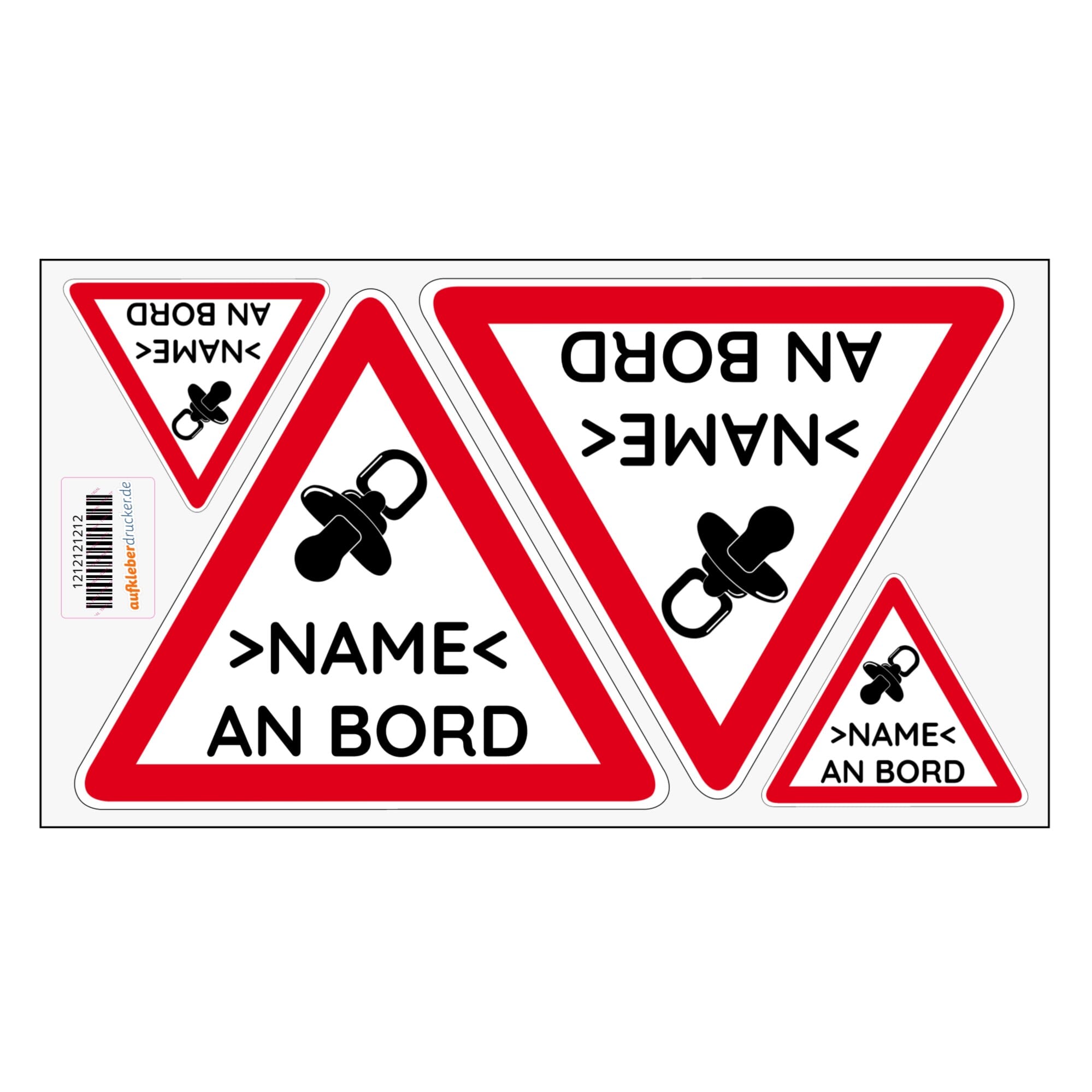 Personalisierte Autoaufkleber Baby an Bord (4 Stück 2x 120 mm 2x 45 mm) - kinder-druckerei.de