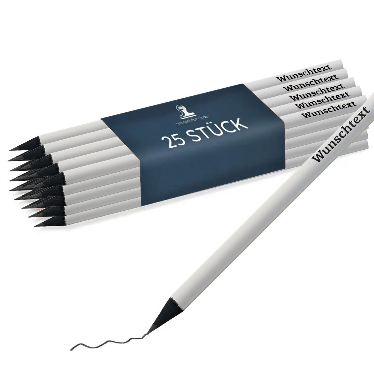 Lasergravierte weiße Bleistifte mit schwarzer Gravur (25 Stück) - kinder-druckerei.de