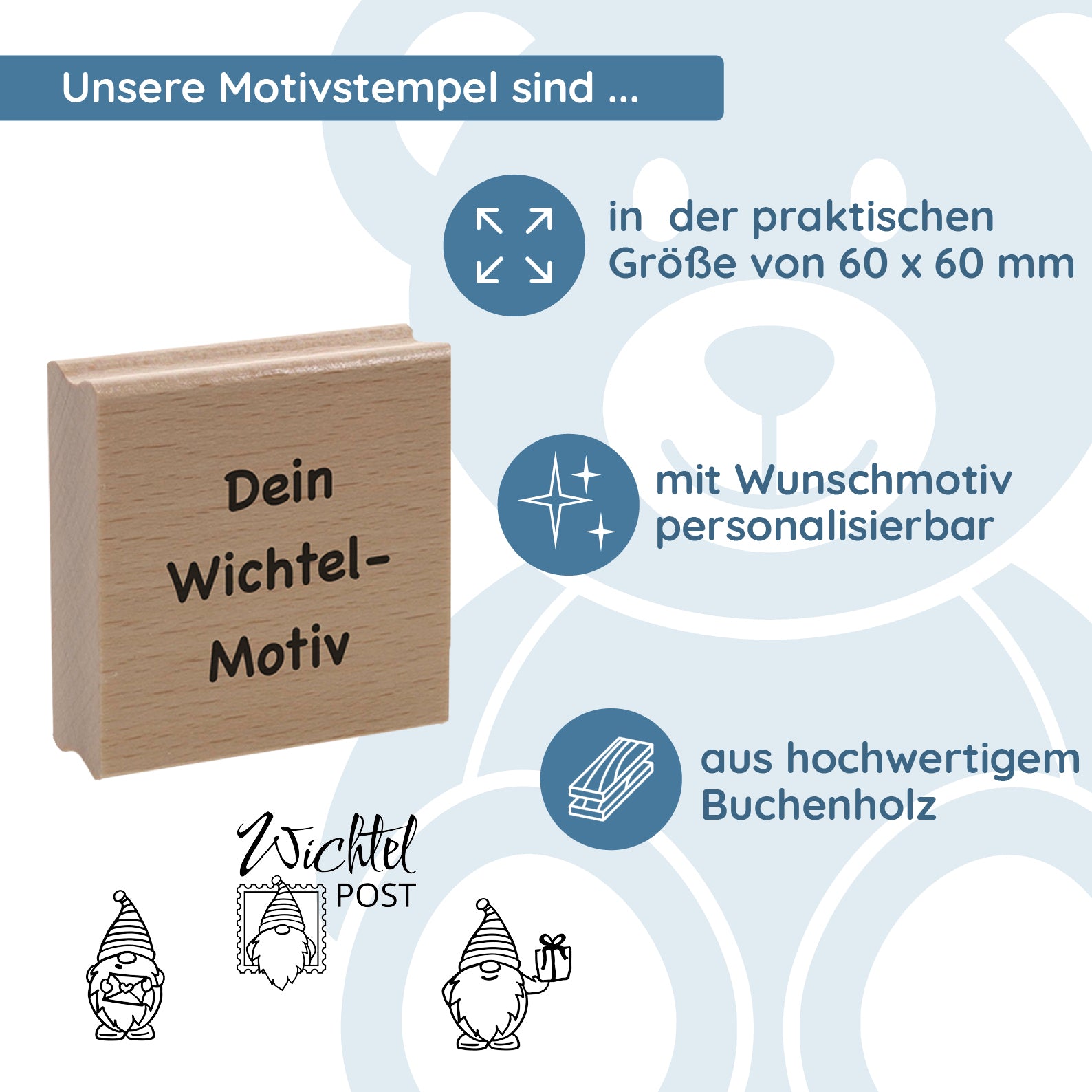 Personalisierbarer Motivstempel Wichtel (60x60 mm) - kinder-druckerei.de
