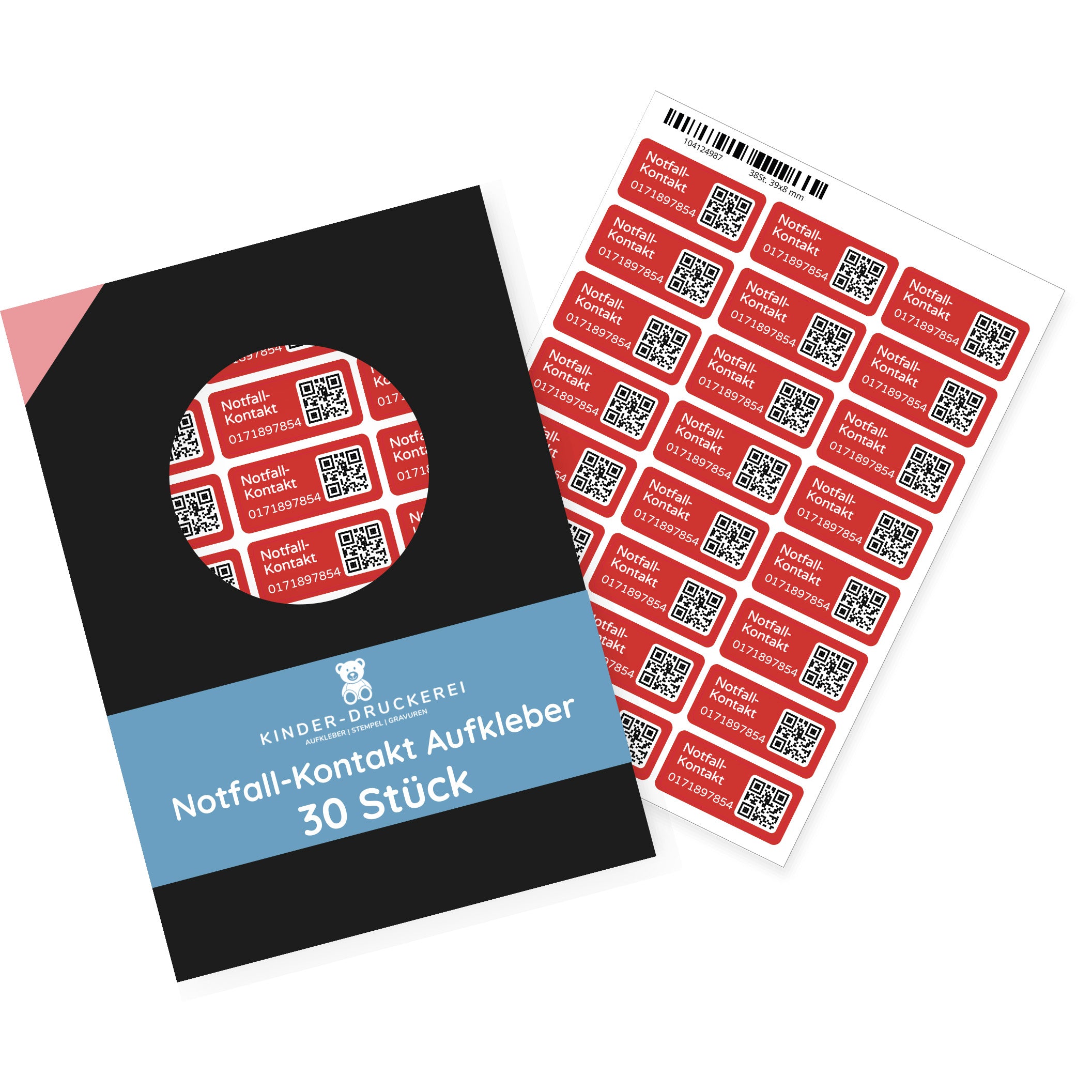 Notfallkontakt-Aufkleber mit Telefonnummer & QR-Code, stark haftend, 30x13mm - kinder-druckerei.de