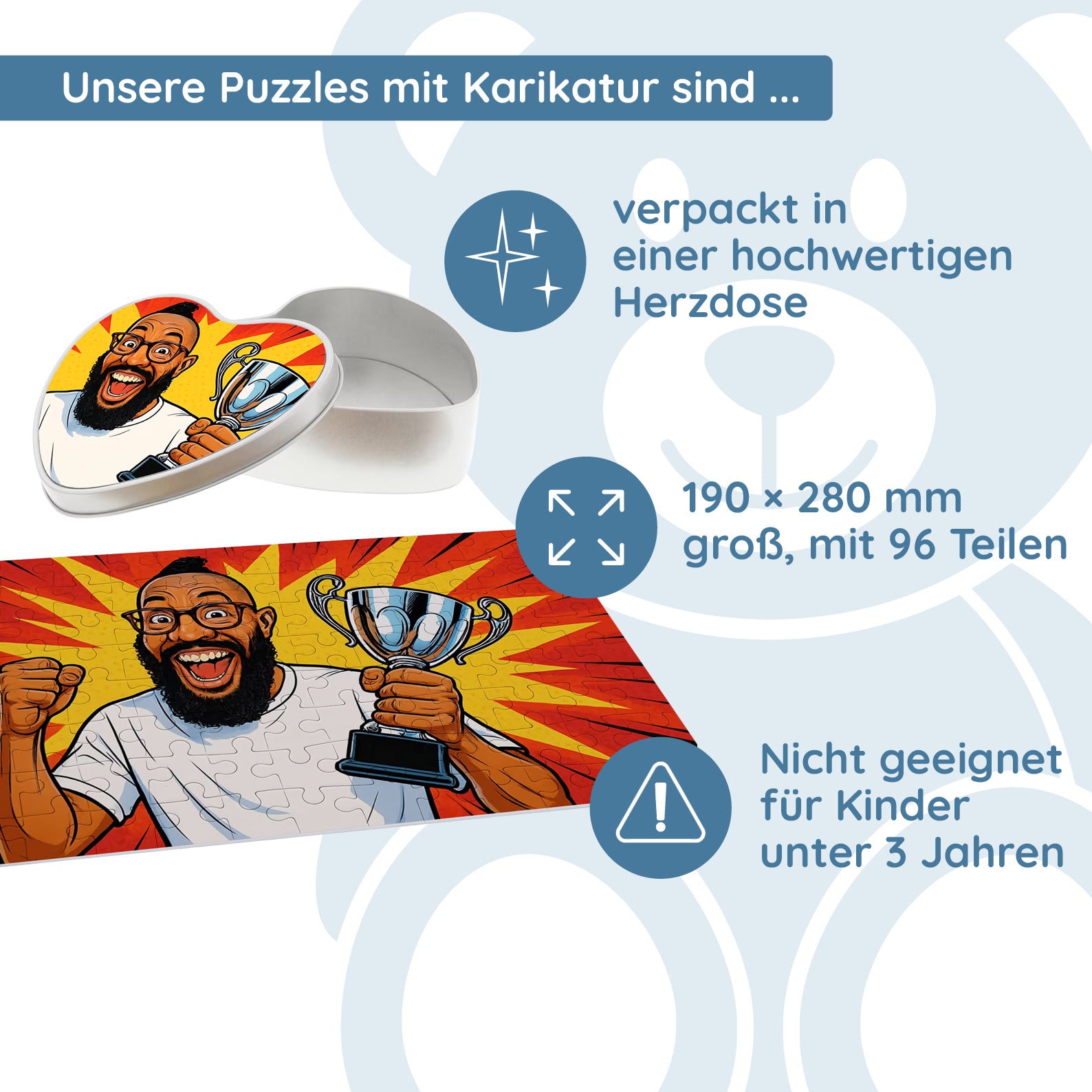 Puzzle mit Karikatur und Text (inkl. Herzdose – 96 Teile) - kinder-druckerei.de