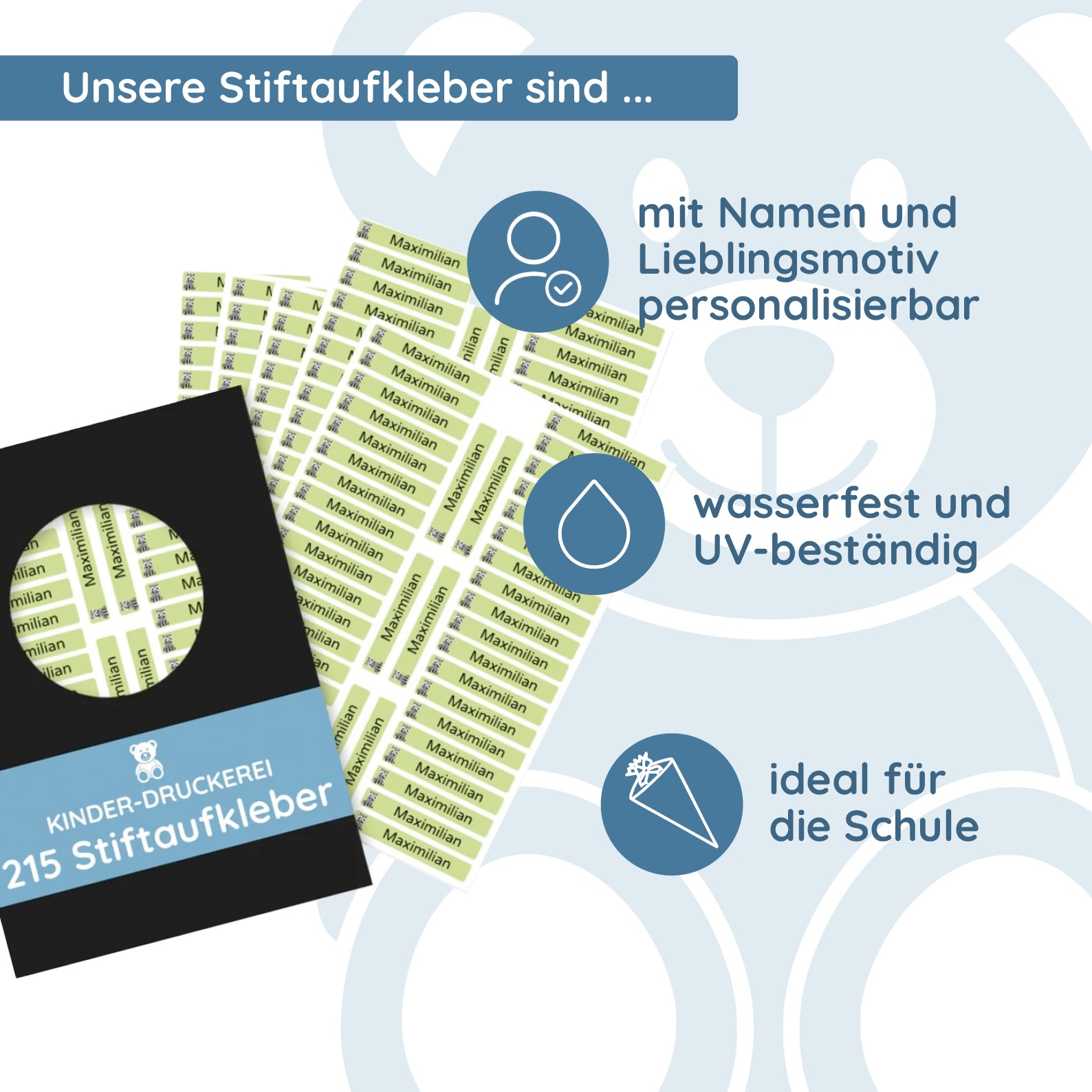 Mini Namensaufkleber / Stiftaufkleber für Kinder Größe S (215 Aufkleber 40x6 mm) - kinder-druckerei.de