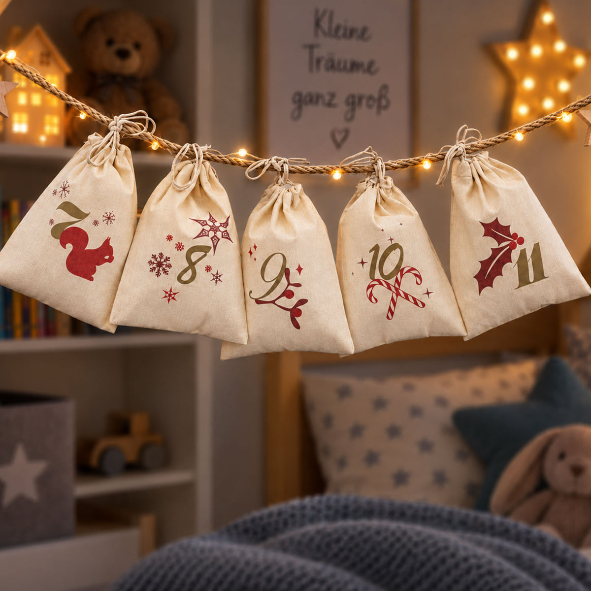 Adventskalender mit 24 Säckchen zum Befüllen & Personalisieren (mit Kordel)