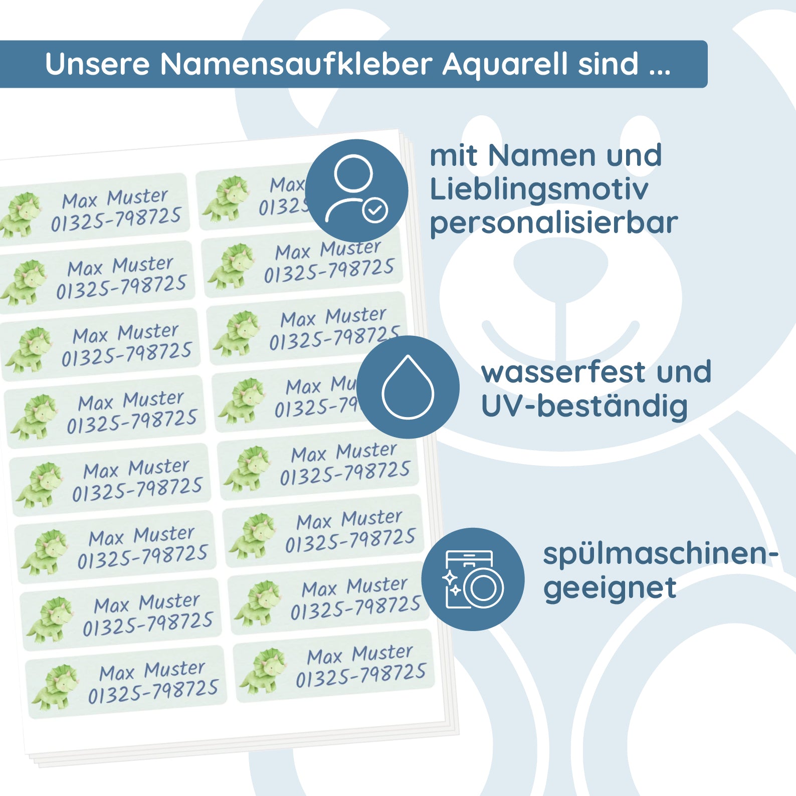 Aquarell-Aufkleber im Detail mit dreizeiliger Beschriftung
