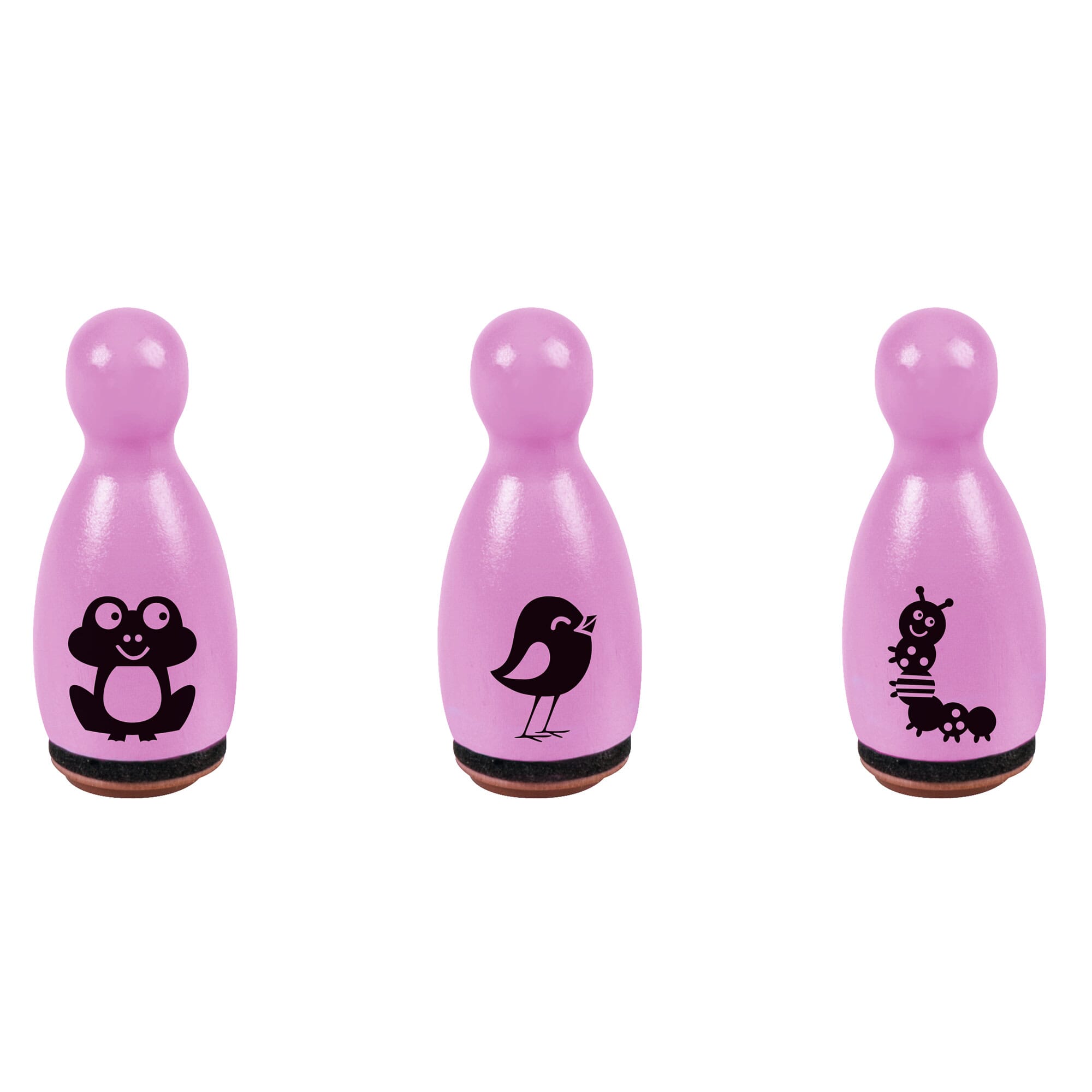 Heyda Holzstempel-Set Tiermotive Lila mit Frosch, Raupe und Vogel – kinder-druckerei.de
