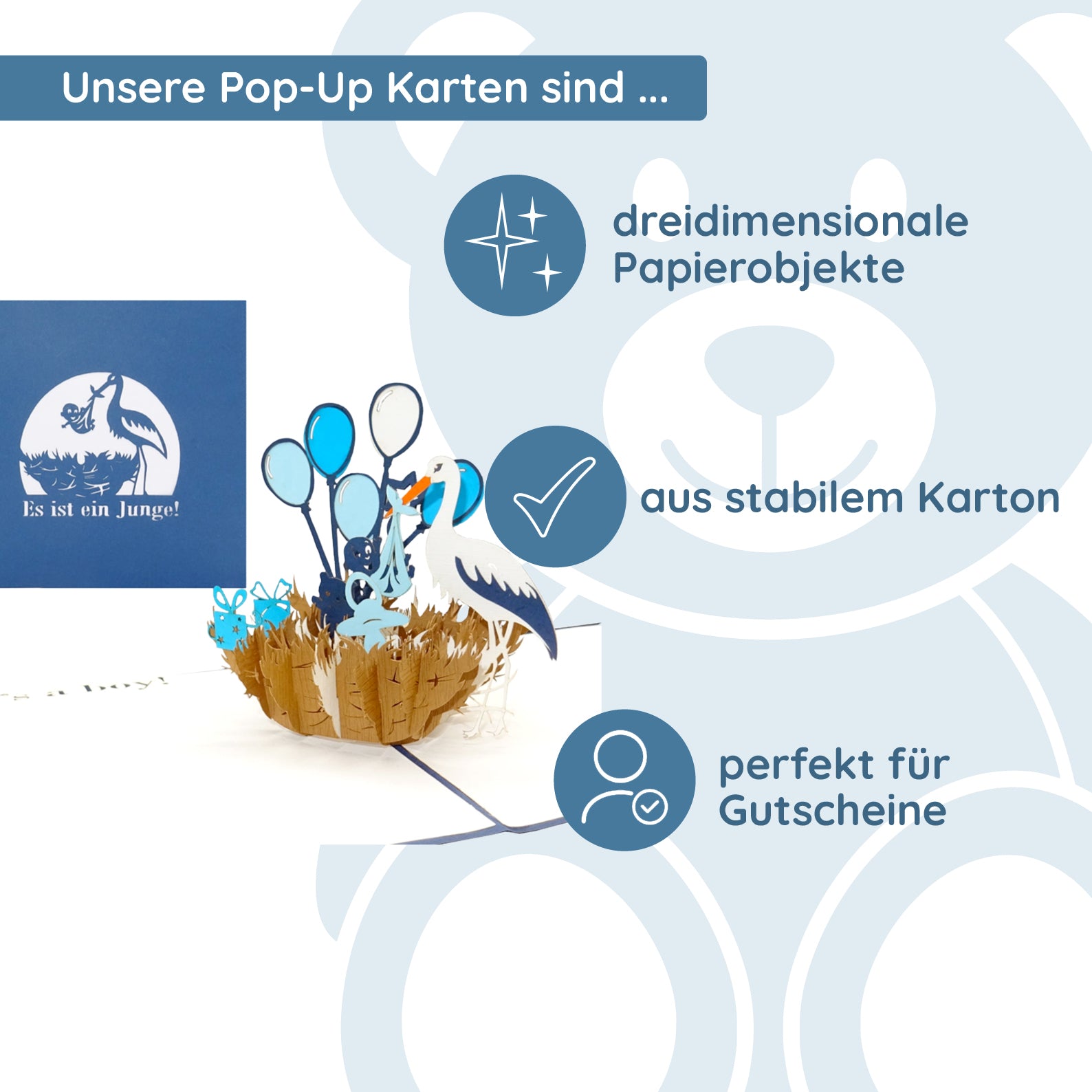 Colognecards Pop-Up Karte Storch - Geburt Junge - kinder-druckerei.de