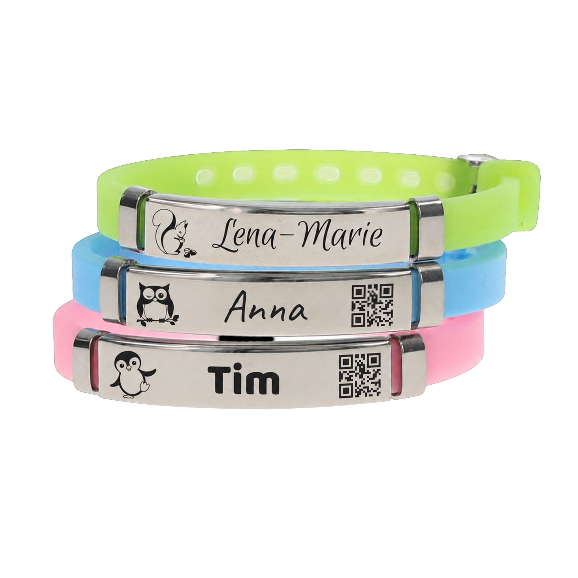 SOS Armband Kinder - Kinderarmband aus Silikon und Edelstahl mit Gravur in 3 Farben