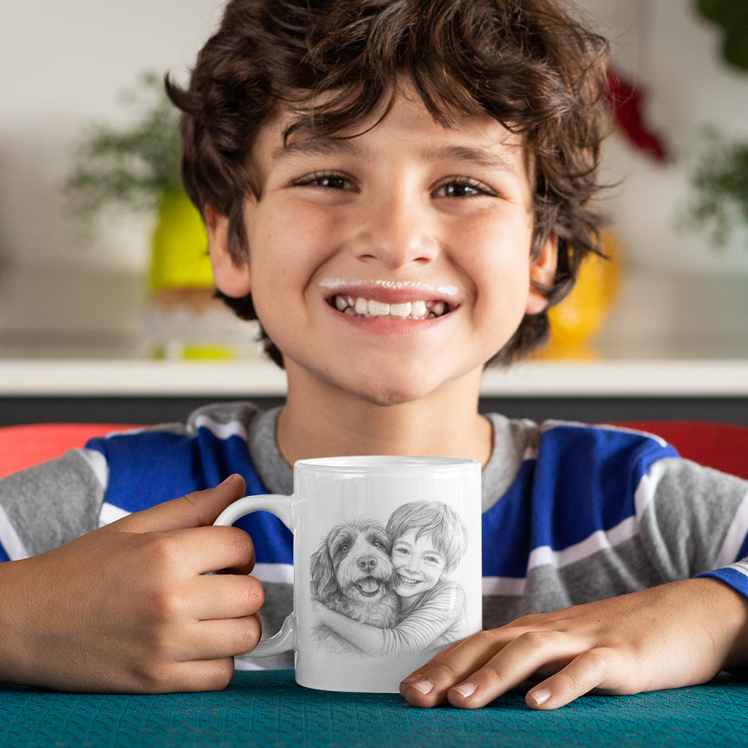 Keramiktasse mit Bleistiftzeichnung & Text - kinder-druckerei.de