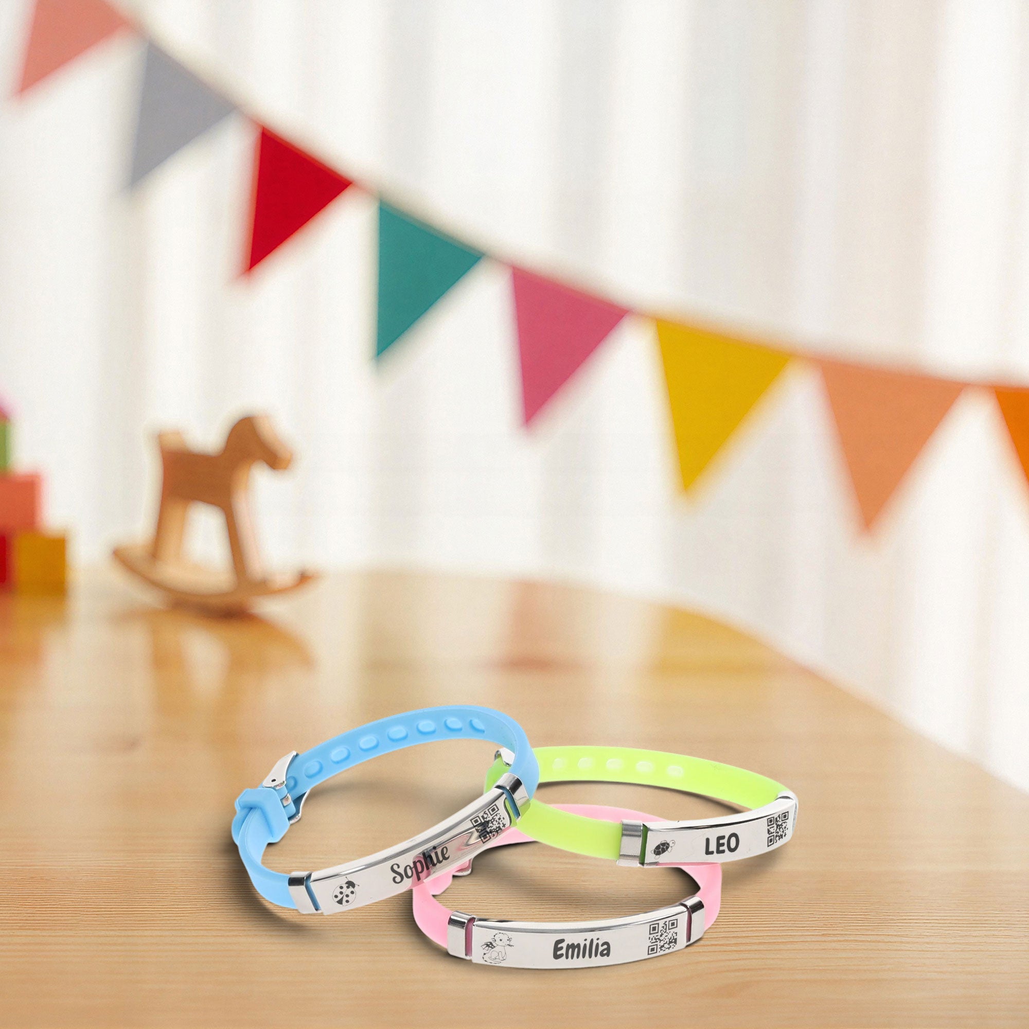 Kinder SOS-Armband aus Silikon und Edelstahl mit Gravur