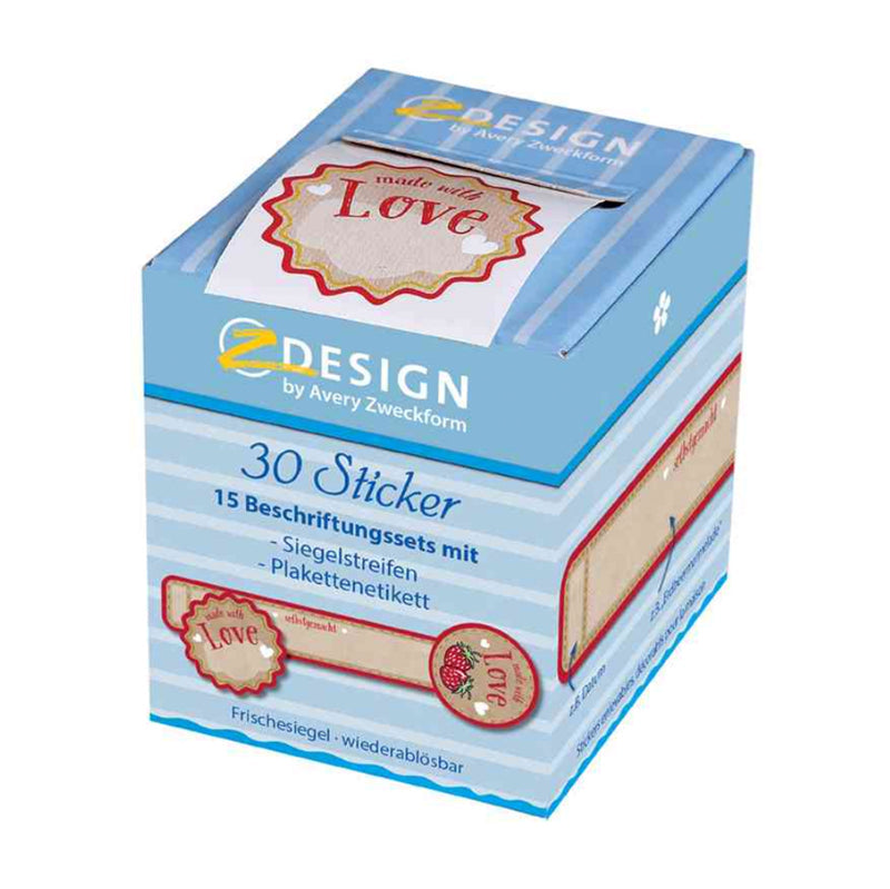 Frischesiegel „Made with Love“ — Detailansicht der bunten Herzdesigns