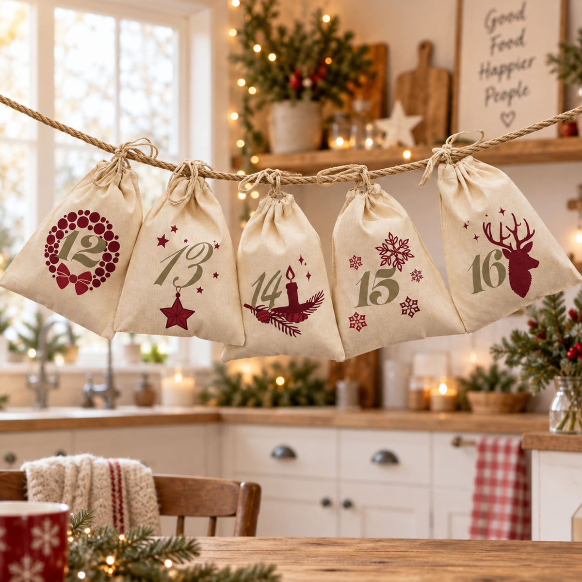 Adventskalender mit 24 Säckchen zum Befüllen & Personalisieren (mit Kordel)