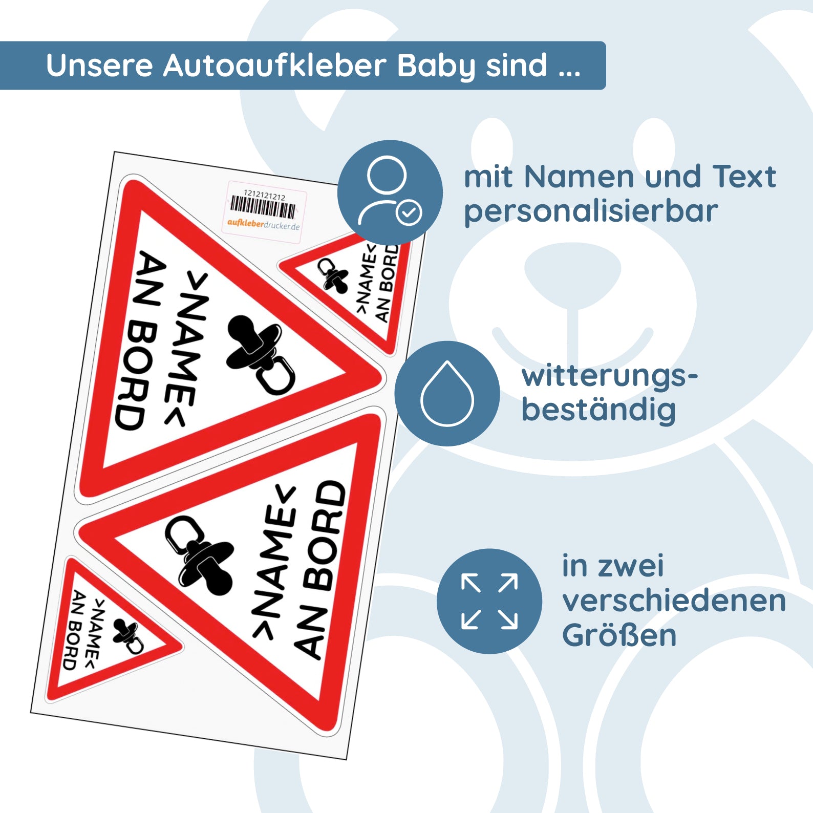Personalisierte Autoaufkleber Baby an Bord  (4 Stück 2x 120 mm 2x 45 mm) - kinder-druckerei.de