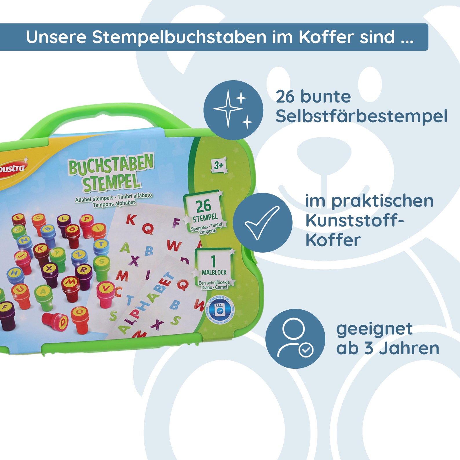 Selbstfärbende Stempelbuchstaben im Koffer - kinder-druckerei.de