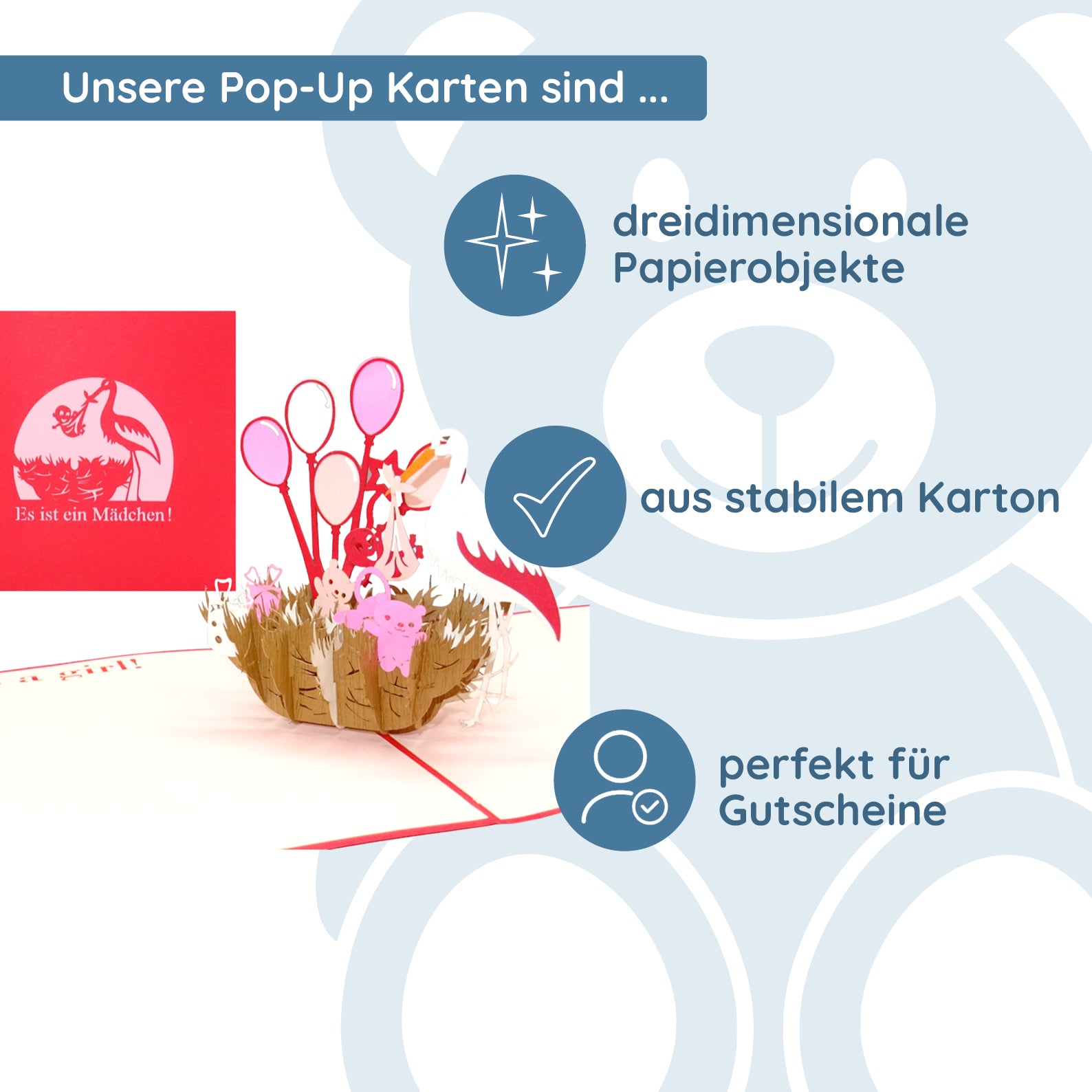 Colognecards Pop-Up Karte Storch - Geburt Mädchen - kinder-druckerei.de