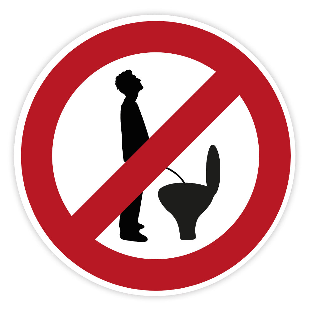 Aufkleber „Nicht im Stehen pinkeln!“ mit Verbotssymbol – kinder-druckerei.de